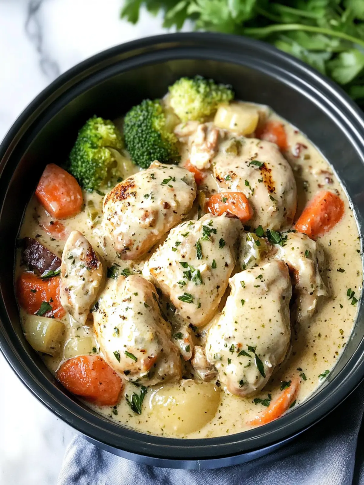 Slow Cooker Creamy Garlic Chicken and Veggies