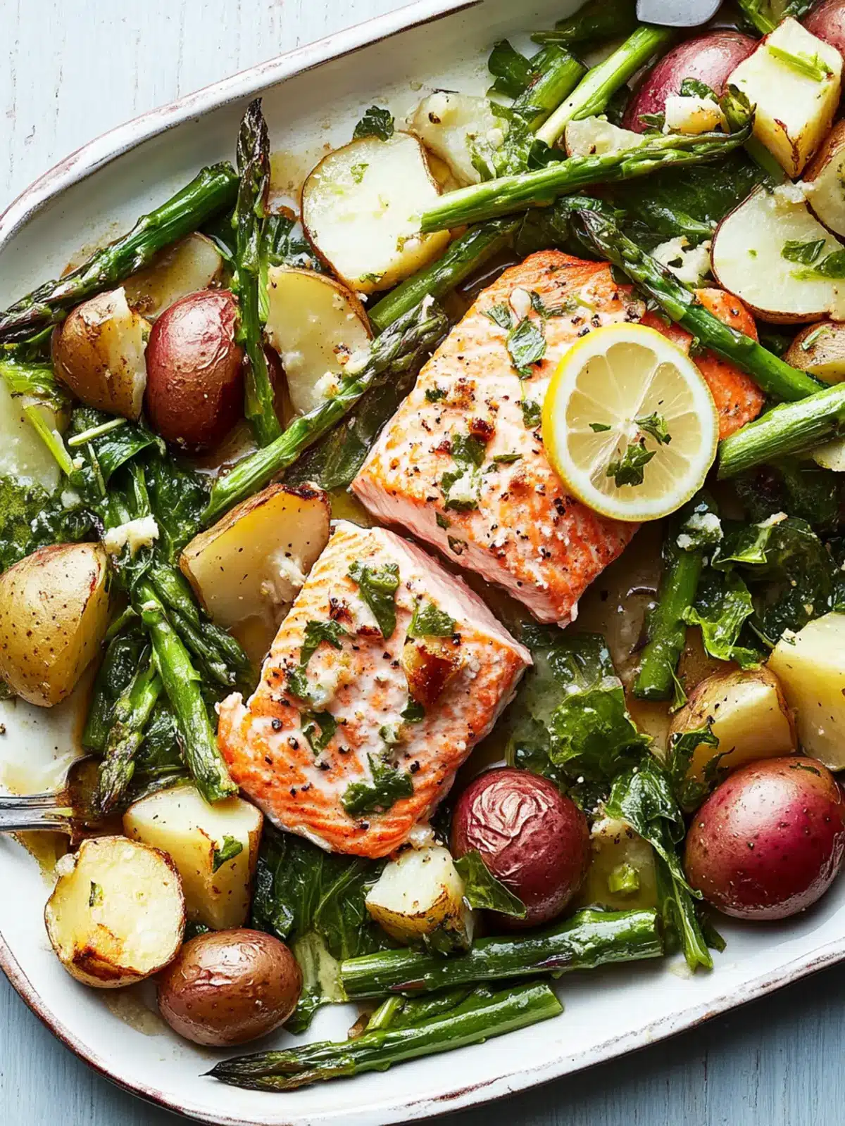Lemon-Roasted Salmon with Escarole, Asparagus, and Potatoes Delight 5 Lemon-Roasted Salmon With Escarole, Asparagus, and Potatoes