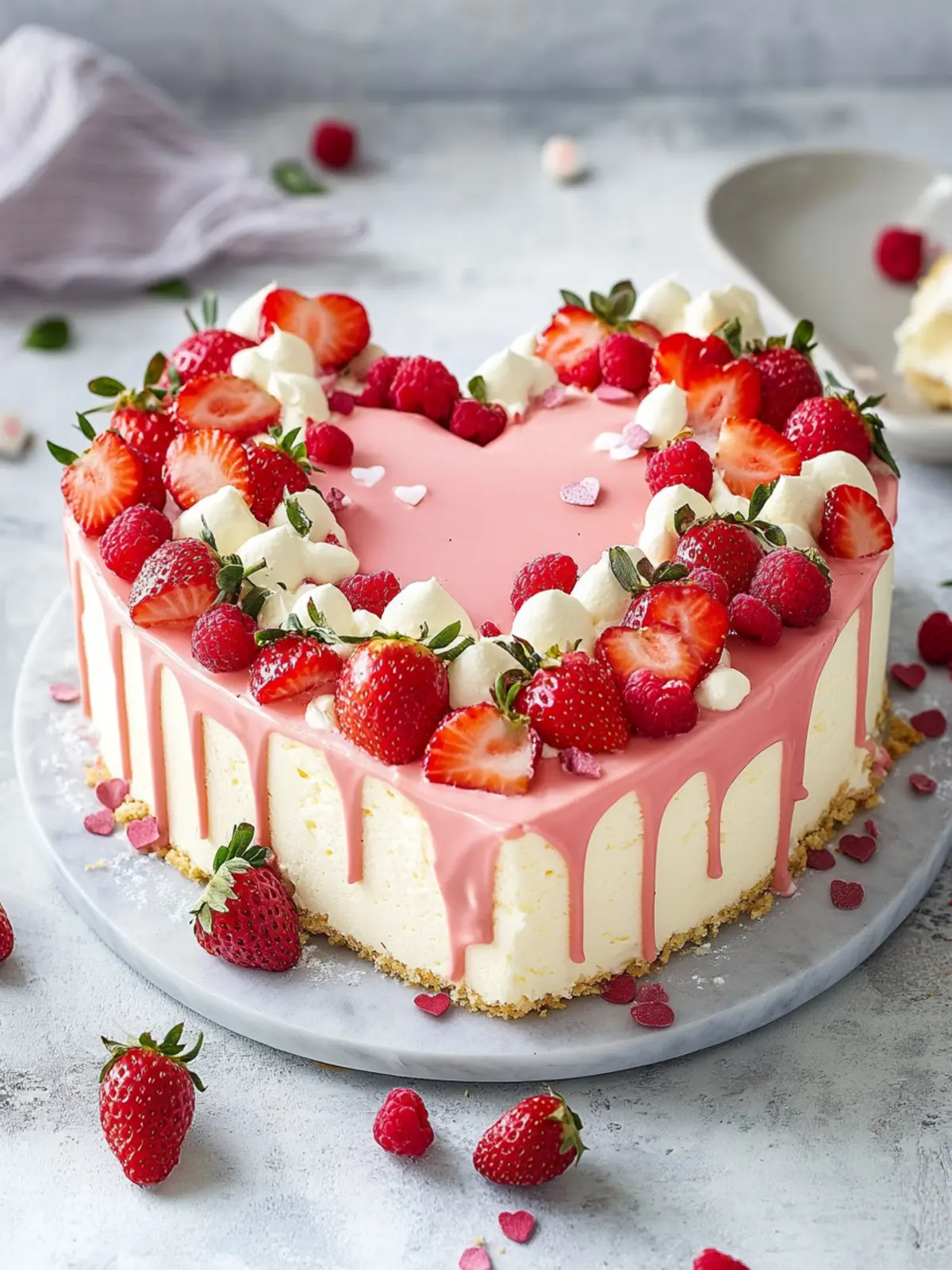 Heart-shaped cake with strawberries and white chocolate for Mother's Day