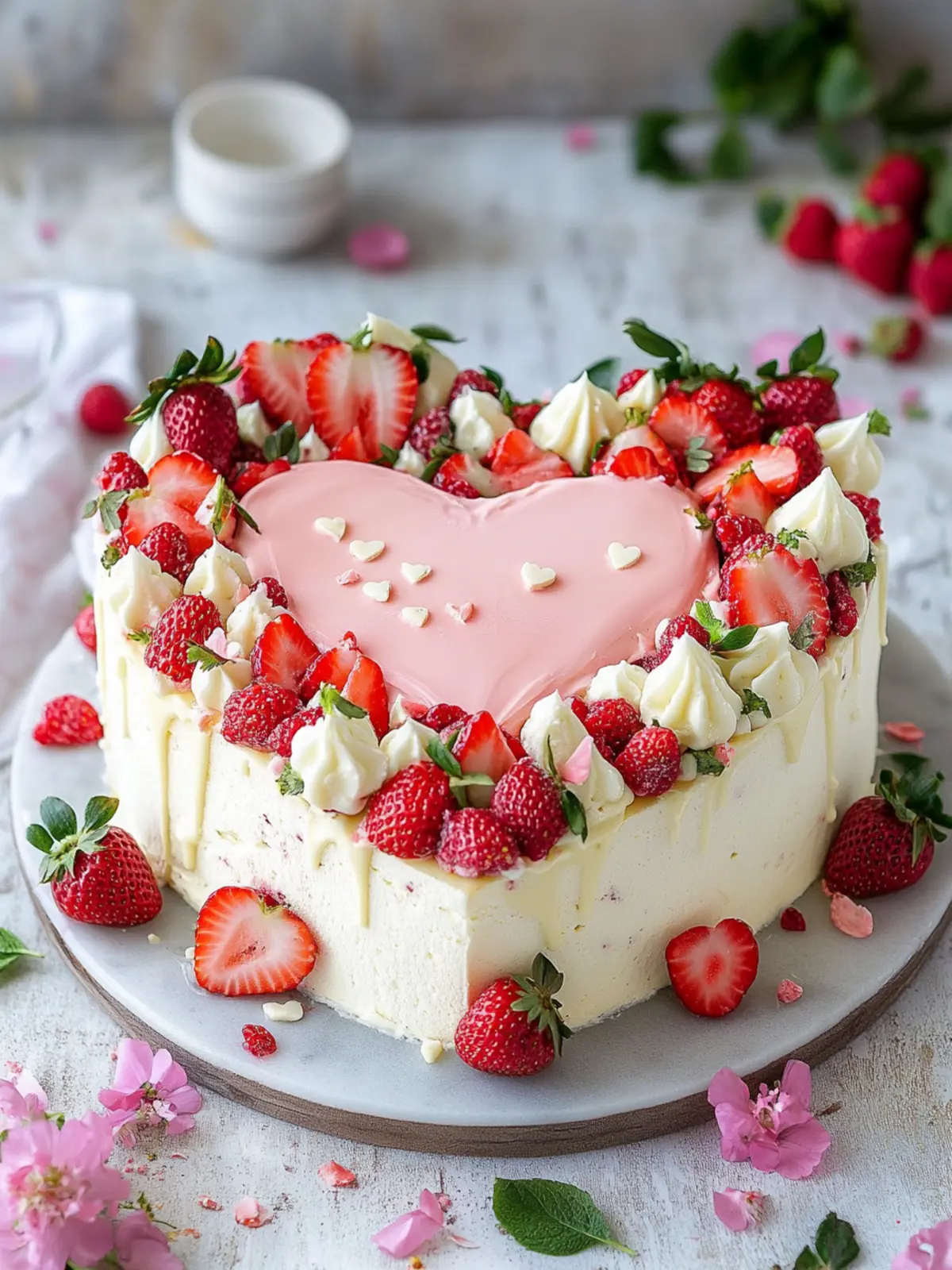 Heart-shaped cake with strawberries and white chocolate for Mother's Day
