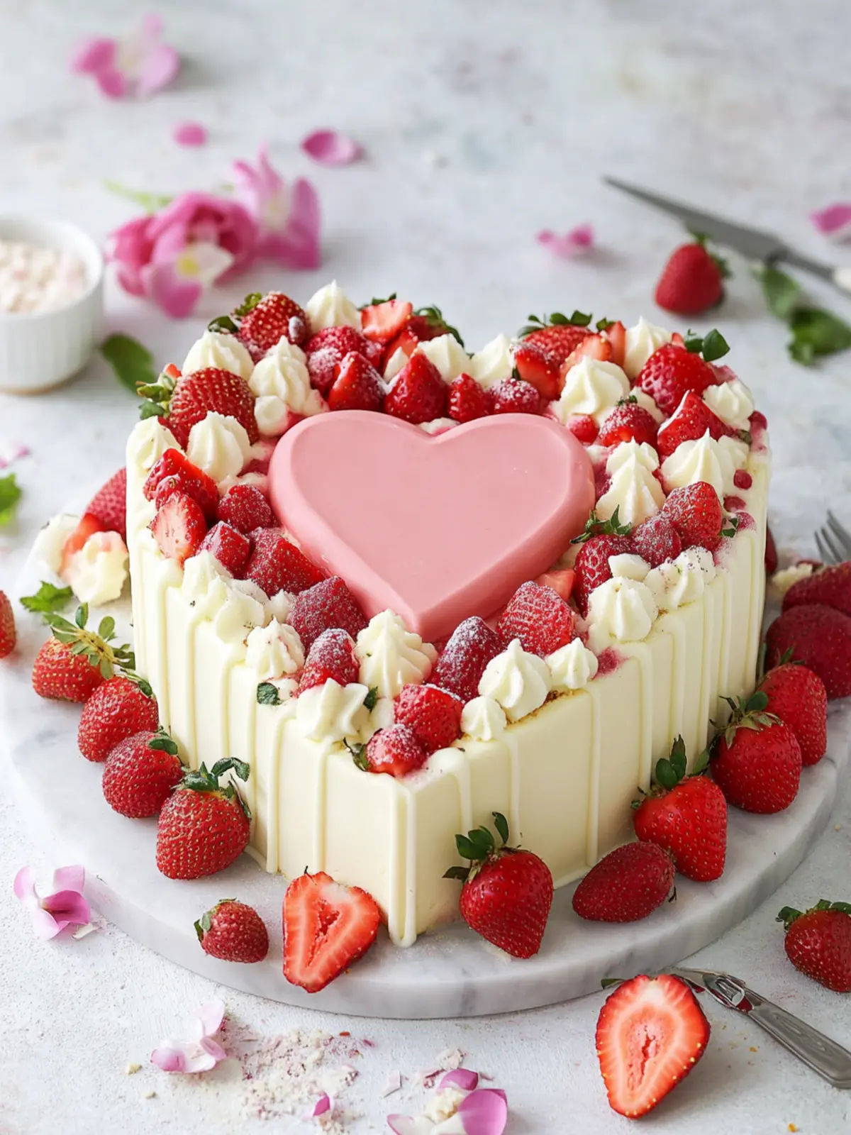 Heart-shaped cake with strawberries and white chocolate for Mother's Day