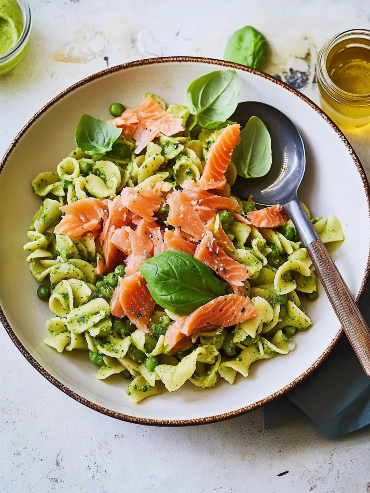 Delicious Pasta Salad with Pea Pesto and Hot-Smoked Salmon 2 Pasta salad with pea pesto and hot-smoked salmon