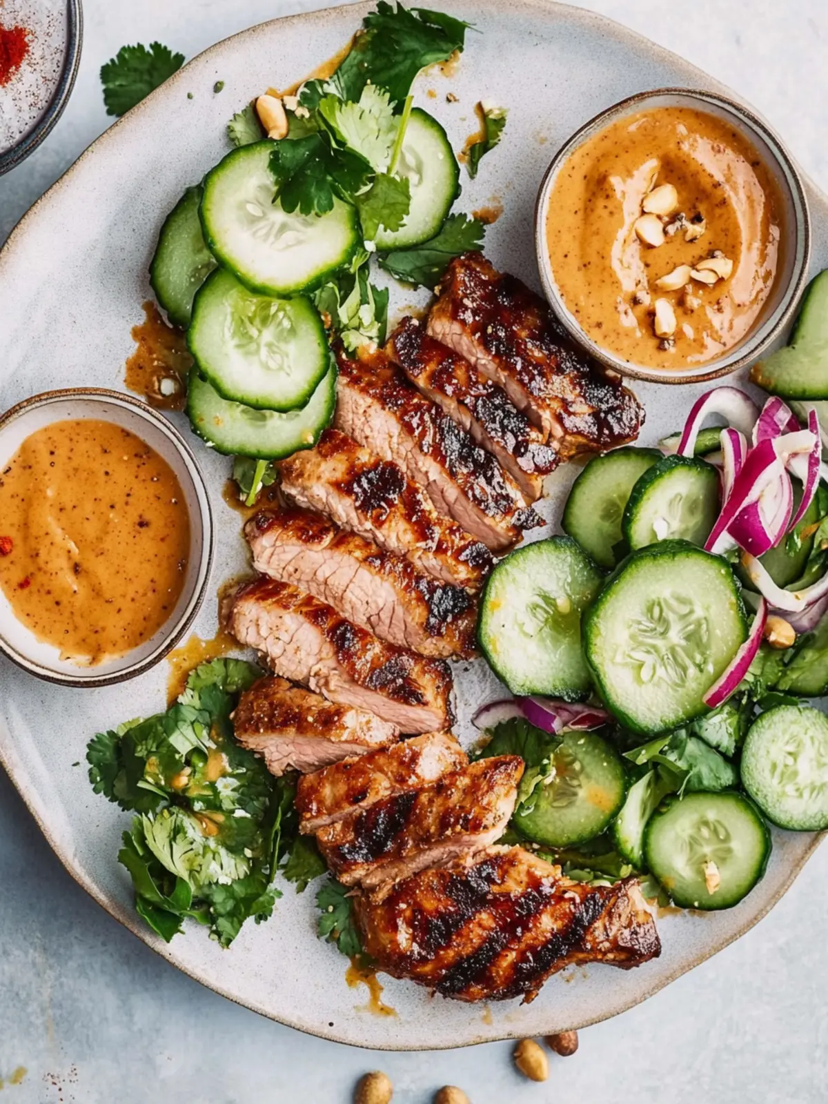 Spiced Grilled Pork Tenderloin with Peanut Sauce for Dad's Delight 2 Spiced Grilled Pork Tenderloin + Peanut Sauce and Cucumber Salad- For Dad's