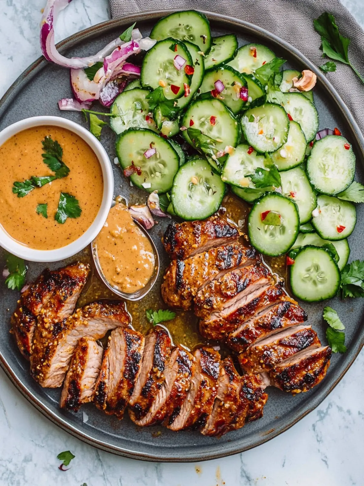 Spiced Grilled Pork Tenderloin with Peanut Sauce for Dad's Delight 3 Spiced Grilled Pork Tenderloin + Peanut Sauce and Cucumber Salad- For Dad's