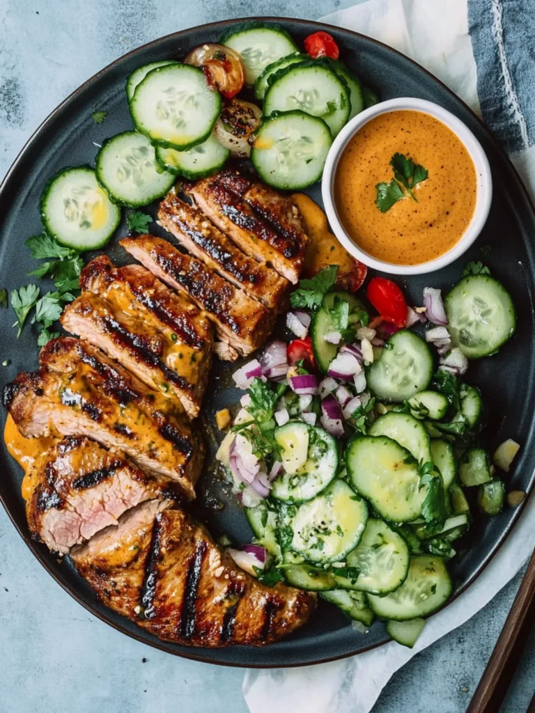 Spiced Grilled Pork Tenderloin + Peanut Sauce and Cucumber Salad- For Dad's