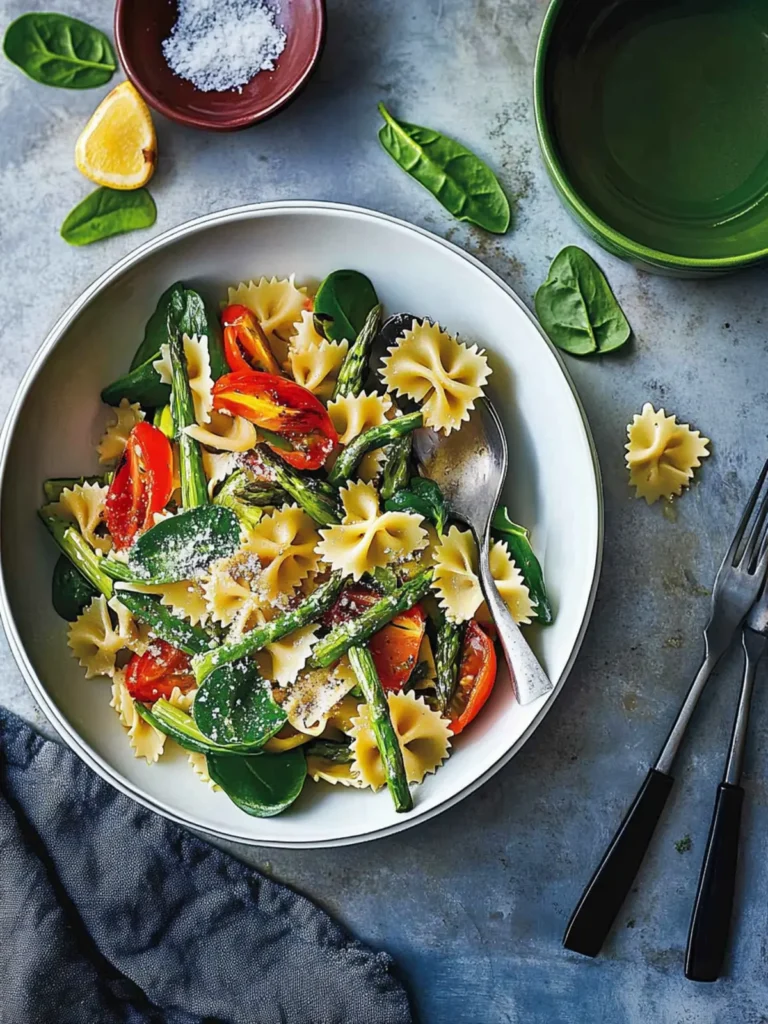 Farfalle with baby capsicum, asparagus and spinach